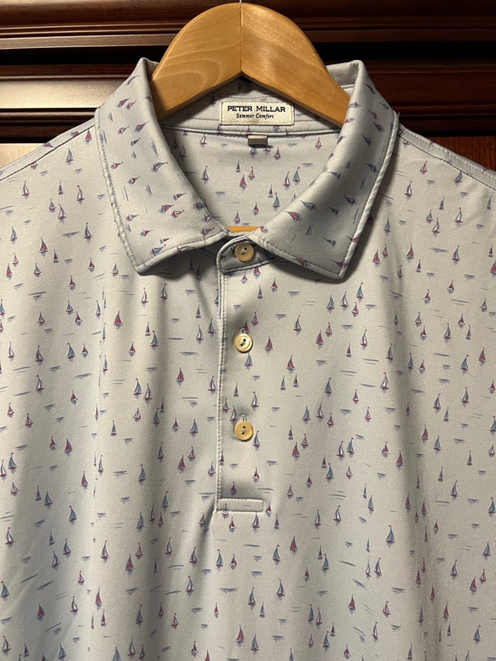 Like New Peter Millar Summer Comfort Light Blue Polo Nautical Sailboat design!